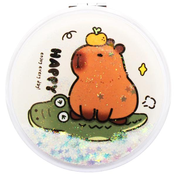 Gương Tròn Cầm Tay 2 Mặt Nhũ Kim Tuyến Hình Capybara - WanLongDa ZT185-2465L1 - Màu Kem 1