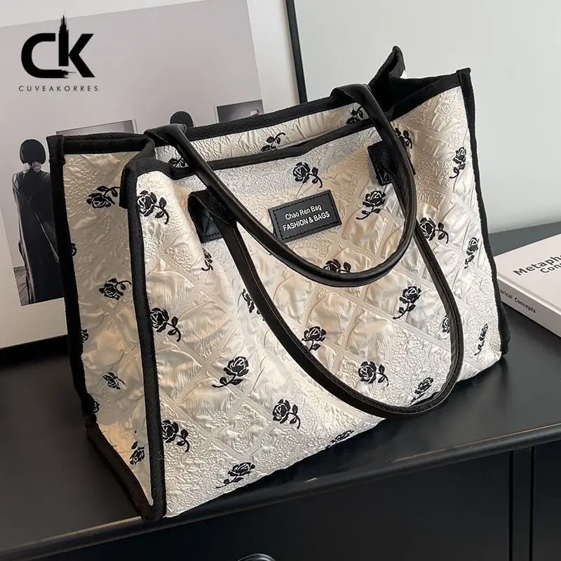 Portable Mommy Bag Canvas Big Bag Women's Korean Edition Fashion Versatile Flower Shoulder Bag Large Capacity Commuter Tote Bag
