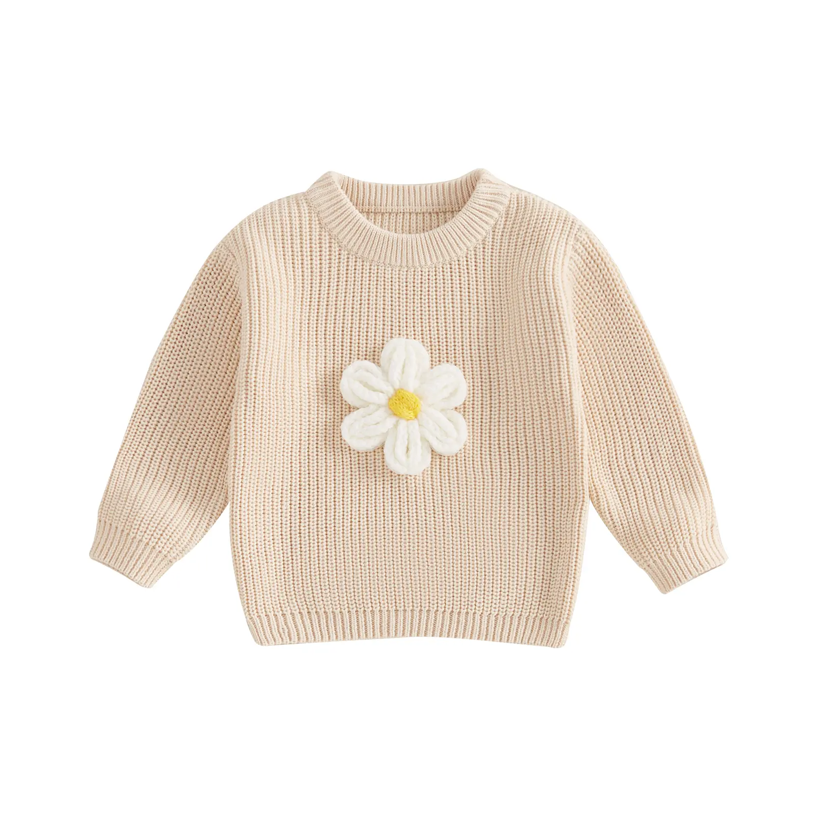 Kids Girl Sweater Casual Cute Crochet Flowers Warm Knitted Long Sleeves Pullover Infant Knitwear for Toddler