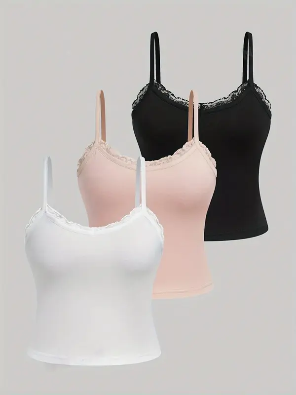 Women's Plain Lace Trim Backless Cami Top, Casual Adjustable Spaghetti Strap Scoop Neck Top, Ladies Summer Clothes for Daily Wear 0