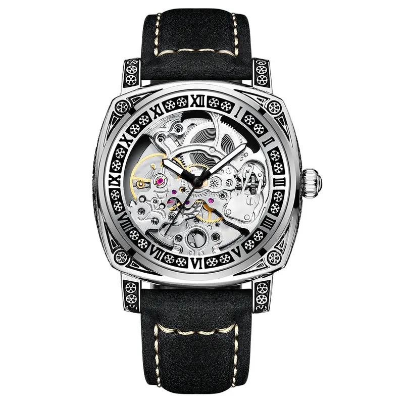 Đồng hồ cơ Automatic chính hãng BINBOND TV9 2024 thiết kế mới hoa văn cổ điển - Dây da lộn - Lộ cơ trước sau chống nước 30M 1