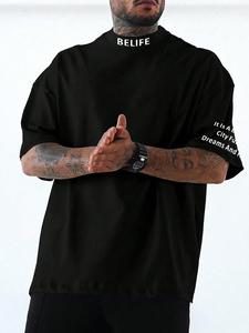 【Talla Grande】 Camiseta de Manga Corta con Estampado de Letras, Corte Regular, Cuello Redondo, Estilo Urbano Casual para Uso Diario, Ropa de Hombre para Verano, Camiseta