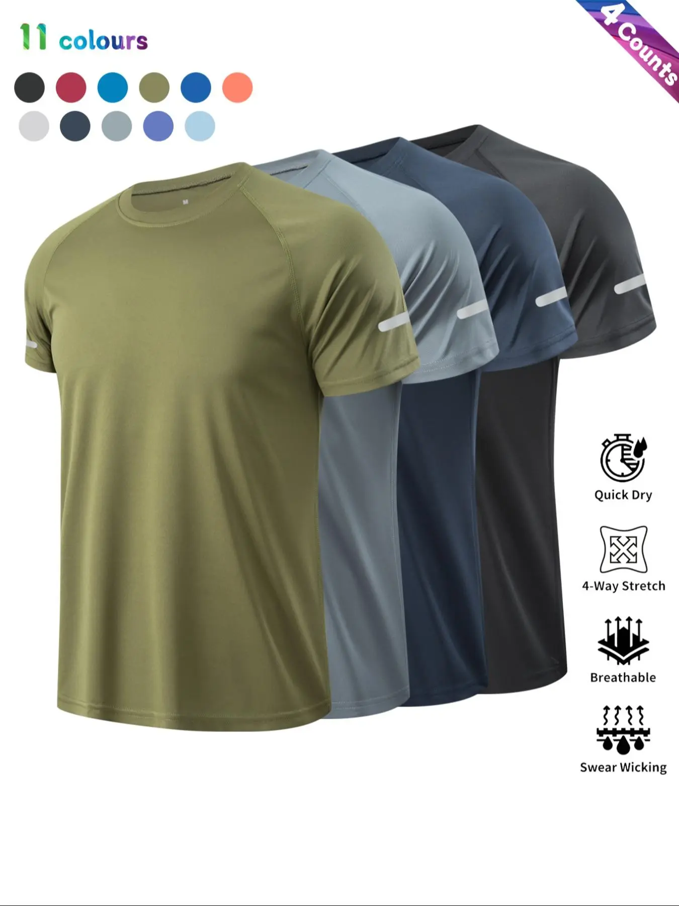 Men's Solid Color Short Sleeve Sports Tee, Breathable Sweat Absorbing Quick Drying T-shirt for Outdoor Workout Running Cycling, Casual Sportswear for Men