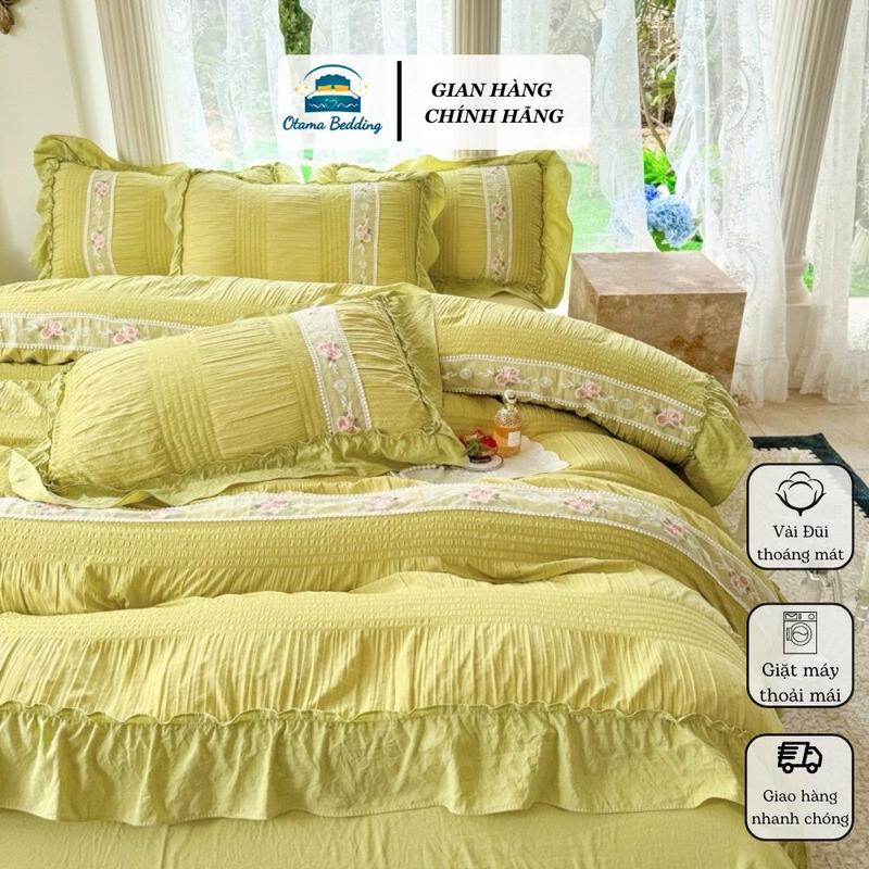 Bộ chăn ga gối 4 món vỏ chăn (chưa kèm ruột chưa trần bông) đũi viền bèo hoạ tiết hoa trà thêu nổi 4 món vỏ chăn vỏ gối ga giường màu sắc pastel Hàn Quốc - Otama Bedding
