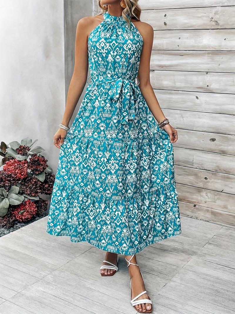Product Introduction of Women's All Over Print Belted A Line Dress, Casual Sleeveless Keyhole Neckline Long Dress for Spring & Fall, Women's Clothing for Daily Wear 1