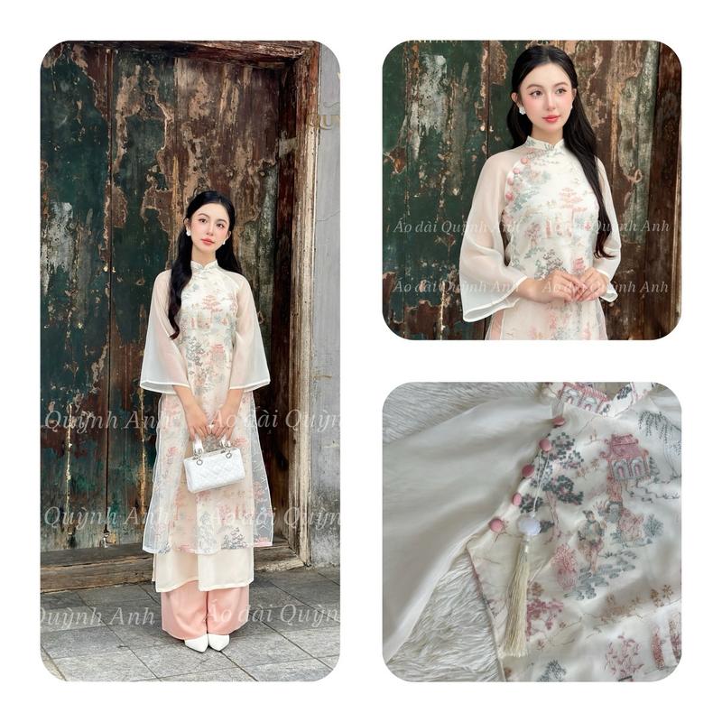 Áo dài cách tân Hồng Thuỷ áo được thiết kế dáng xuông cổ 2,5p tay loe 4 tà chất liệu tơ thêu áo dài tết áo dài ăn hỏi .