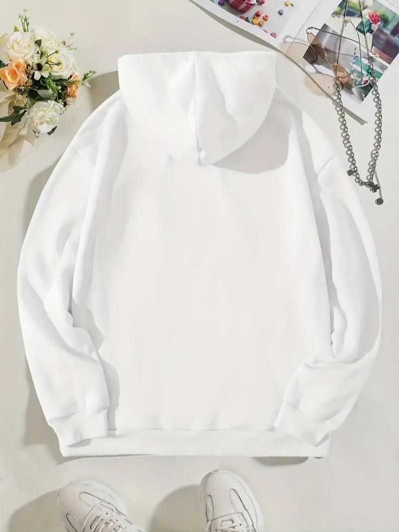 Product Introduction of Women's Letter Print Drop Shoulder Hoodie, Fashion Casual Drawstring Pocket Hooded Sweatshirt for Daily Holiday Outdoor Wear, Women Clothing for Fall & Winter 8