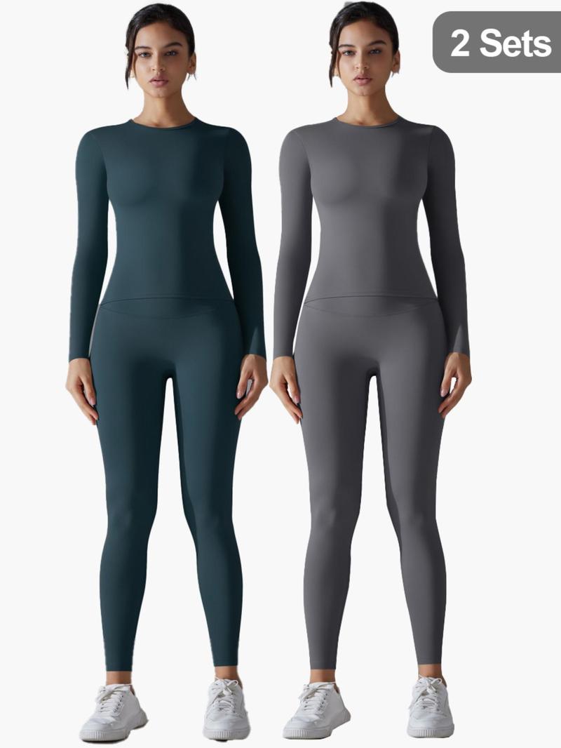 Product Introduction of Women's Solid Long Sleeve Tee & Leggings Sports Set, Sporty Casual Comfy Breathable Two-piece Outfits for Yoga Gym Workout Running Fitness, Ladies Sportswear for All Seasons, High Stretch Tracksuit 9