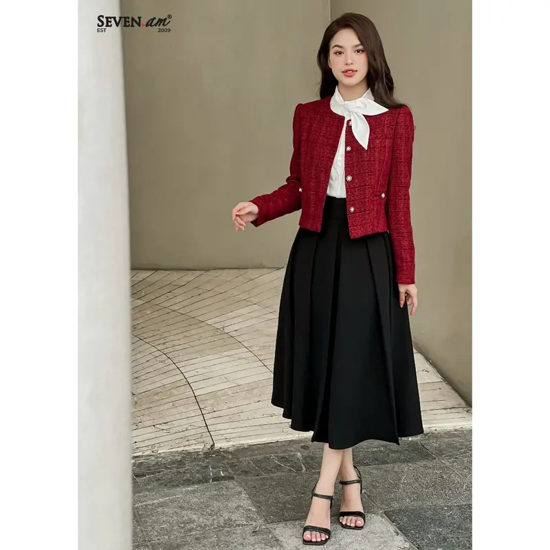 Áo khoác dài tay đỏ đậm cổ tròn thời trang nữ Seven.AM OA0100I 1