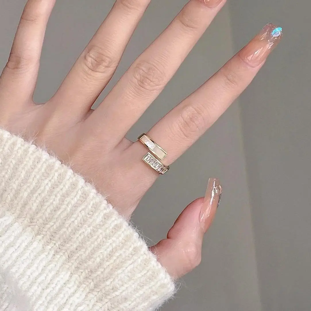 Gold Plated Mother-of-Pearl Adjustable Open Ring - Unique Full Zirconia Jewelry for Women, Chic Minimalist Design, Anti-Fade Durable Statement Accessory