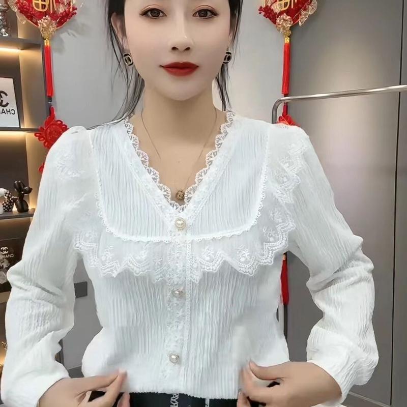 Áo Lớp Nền, Thời Trang, Dáng Rộng Rãi Và Thanh Lịch, Dài Tay, Ren Xếp Nhún, Áo Sơ Mi Phong Cách Phương Tây, Thích Hợp Cho Mùa Xuân Và Mùa Thu, Hàng Mới Về Năm 2024, OOTD 6
