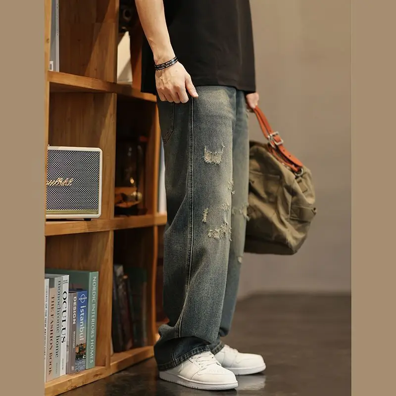 American Retro Washed Distressed Jeans for Men Spring Summer New Loose Straight Leg Trendy Wide Leg Pants