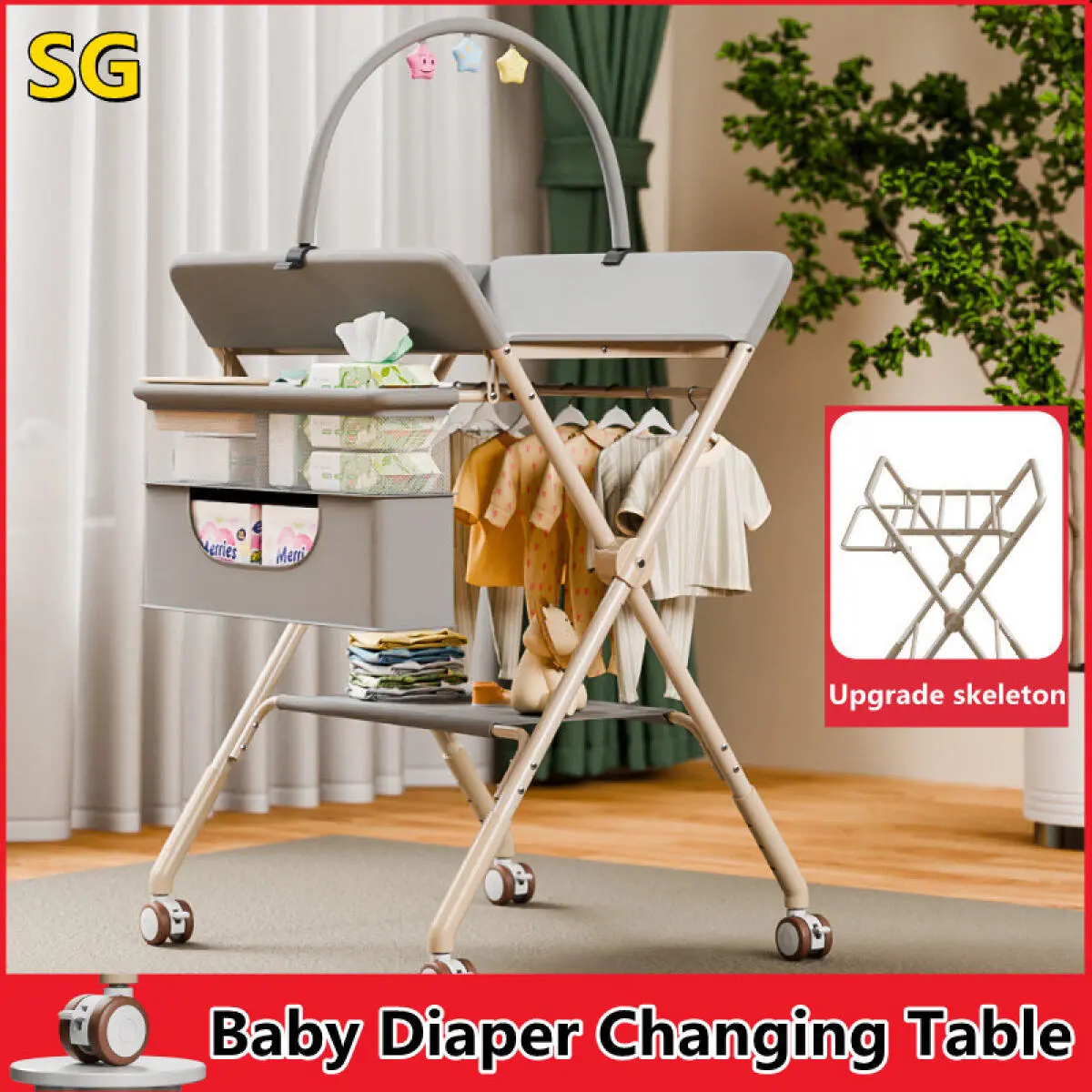 Folding Multifunctional Diaper Changing Table with Toy Rack Storage Basket Height Adjustable Mobile Baby Care Table