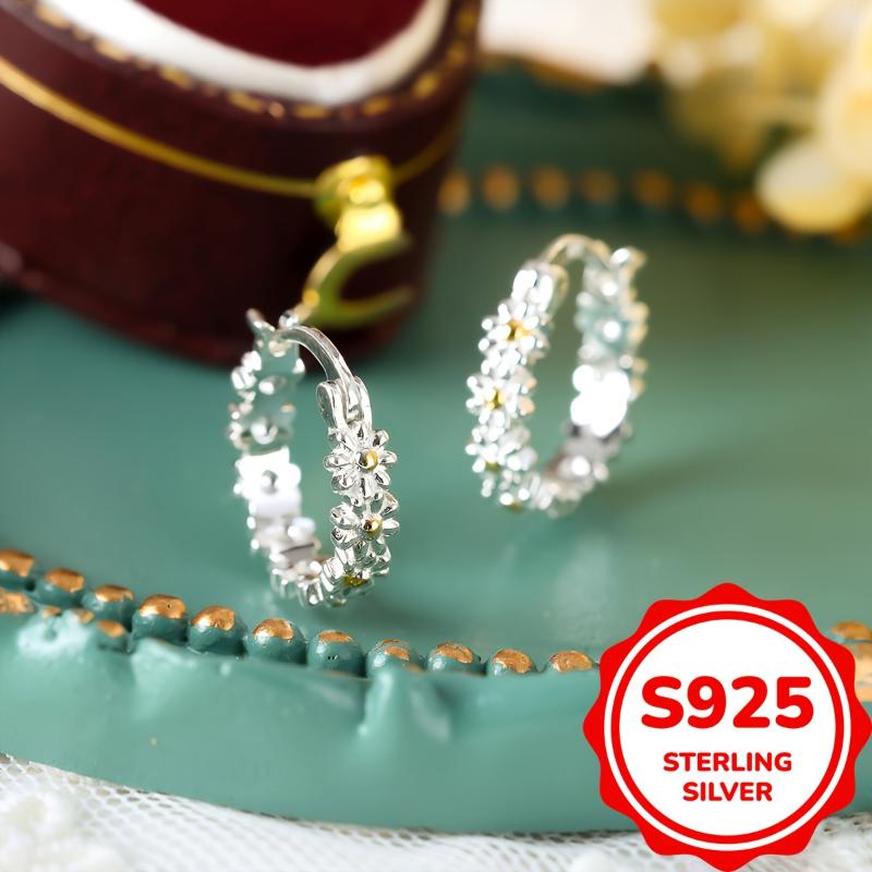 [Silver | Cute] 925 Sterling Silver | Cute Daisy Huggie Hoop Earrings For Girls Women | For Daily Jewelry Birthday Christmas Gifts (2.6g) 7