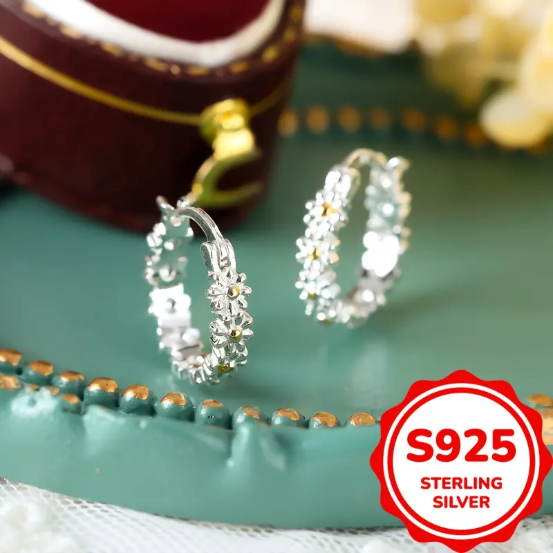 [Silver | Cute] 925 Sterling Silver | Cute Daisy Huggie Hoop Earrings For Girls Women | For Daily Jewelry Birthday Christmas Gifts (2.6g) 7