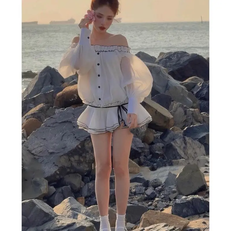 Váy trễ vai bèo viền đen chất tơ xốp dáng bí có quần rời - Nữ - Women - Tre Dress Teheeshop váy  tiệc 5