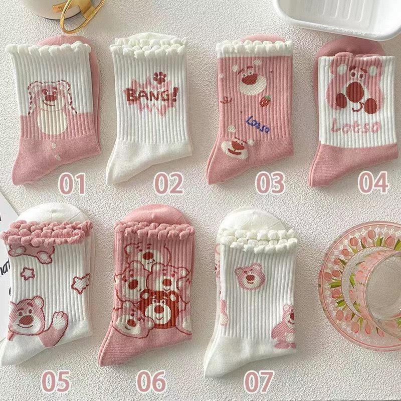 Set 10 đôi tất gấu dâu cổ cao cổ ngắn hồng trắng cho nữ