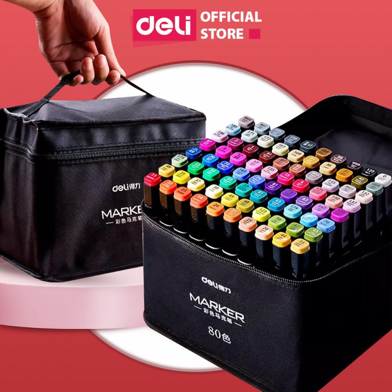 Bút màu dạ marker Deli cho dân chuyên nghiệp kèm túi vải họa cụ vẽ tranh cao cấp 30/40/60/80 màu