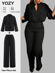 YOZY Women's Solid Notched Neck Blouse & Pants Two-piece Set, Casual Pocket Drop Shoulder Top & Wide Leg Trousers 2 Piece Set for Daily Wear, Ladies Clothes for All Seasons