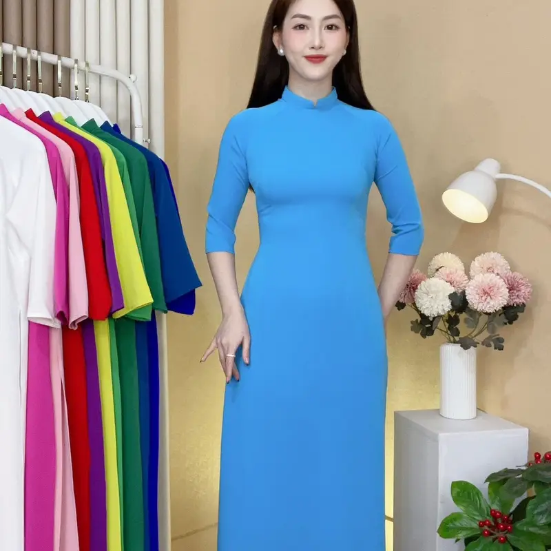 áo dài nữ áo chất liệu vải lụa Mỹ cao cấp dáng truyền thống cổ 2 phân tay lỡ 4