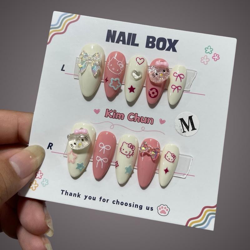 C166: Nailbox thiết kế Hello Kitty tone trắng hồng form tròn nhọn Nữ Women