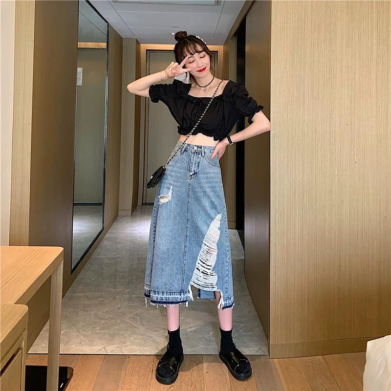 Chân Váy Jean Cạp Cao Dáng Đẹp Thời Trang BigSize 55-90kg 005 0098 Rẻ Đẹp Xẻ Sau Phom Chữ A 80cm Qua Gối  Nữ Denim Lưng Cao Women Cotton chânváy bò dánglửng chânváy jean dài rách a-line  skirts chân  váy