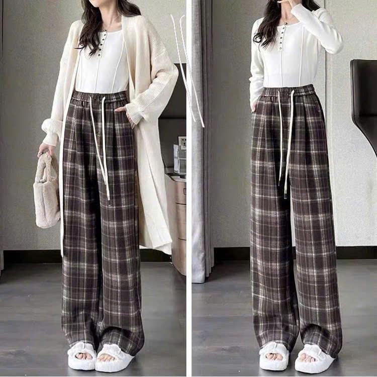 Quần Ống Rộng Sọc Caro Nam Nữ NAD Quần ống suông Dáng cạp chun lưng cao chất Vải Dạ Dầy Dặn Cá Tính Thời Trang
