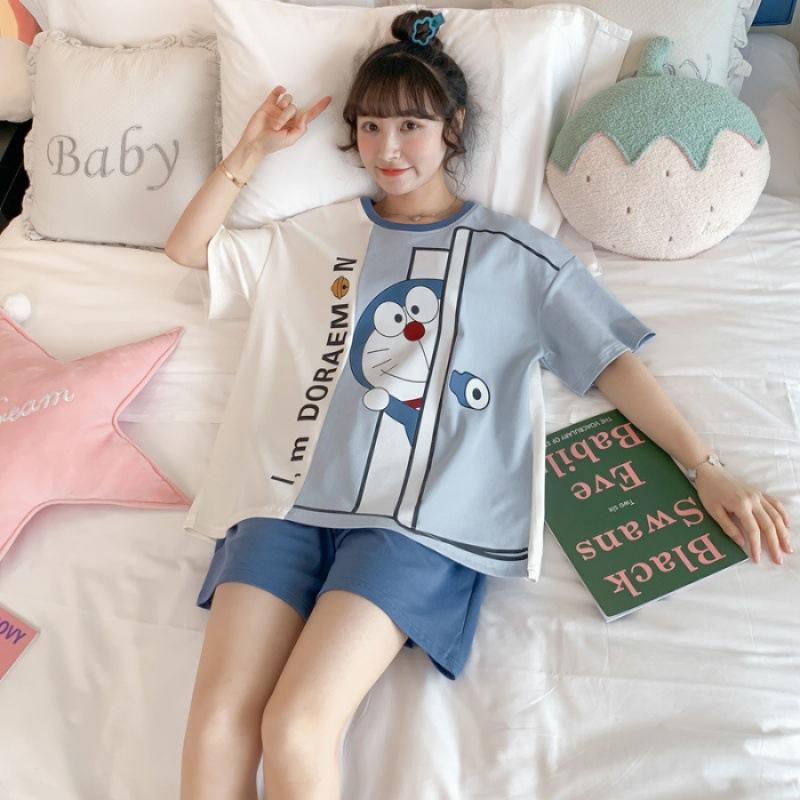 Product Introduction of Bộ Đồ Ngủ Nữ, Phong Cách Mùa Hè, Với Đệm Ngực Tích Hợp, Thiết Kế Hoạt Hình, Làm Bằng Cotton Nguyên Chất, Quần Áo Dễ Thương, Thích Hợp Mặc Nhà, Màu Bạc Nước, ngắn Tay Mỏng, Cổ Tròn Women Top 1