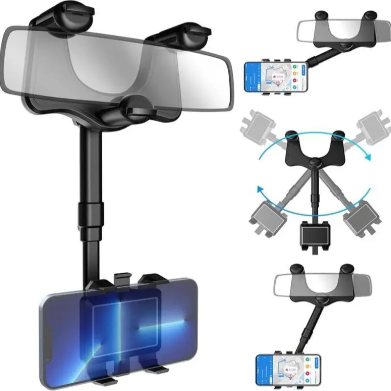 Car Rearview Mirror Phone Holder, 360° Rotatable Car Phone Holder with Adjustable Arm, Multifunctional Car Phone Holder for Smartphone