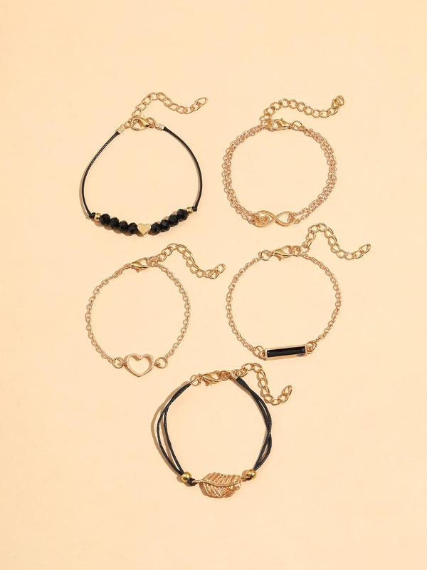 5pcs/Set Simple Beaded Heart Leaf Design Bracelet, Geometric Rectangle Hollow Bow Alloy Link Bracelet, Jewelry Gifts for Women Girls 1