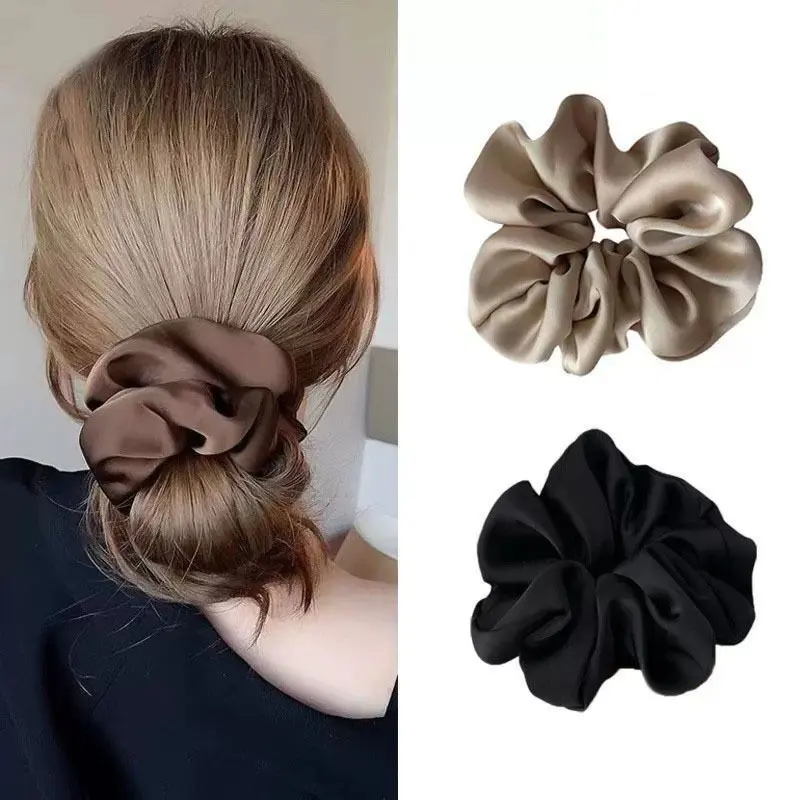 Satin texture, large intestine hair loop temperament, tie head rope, women's simple meatball head, hundred tie head accessories, high-end feel, light luxury, white appearance