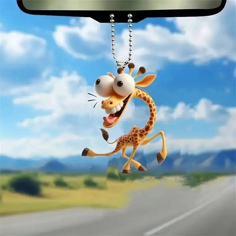 Cartoon creative rearview mirror pendant, funny giraffe flat pendant, acrylic car keychain pendant