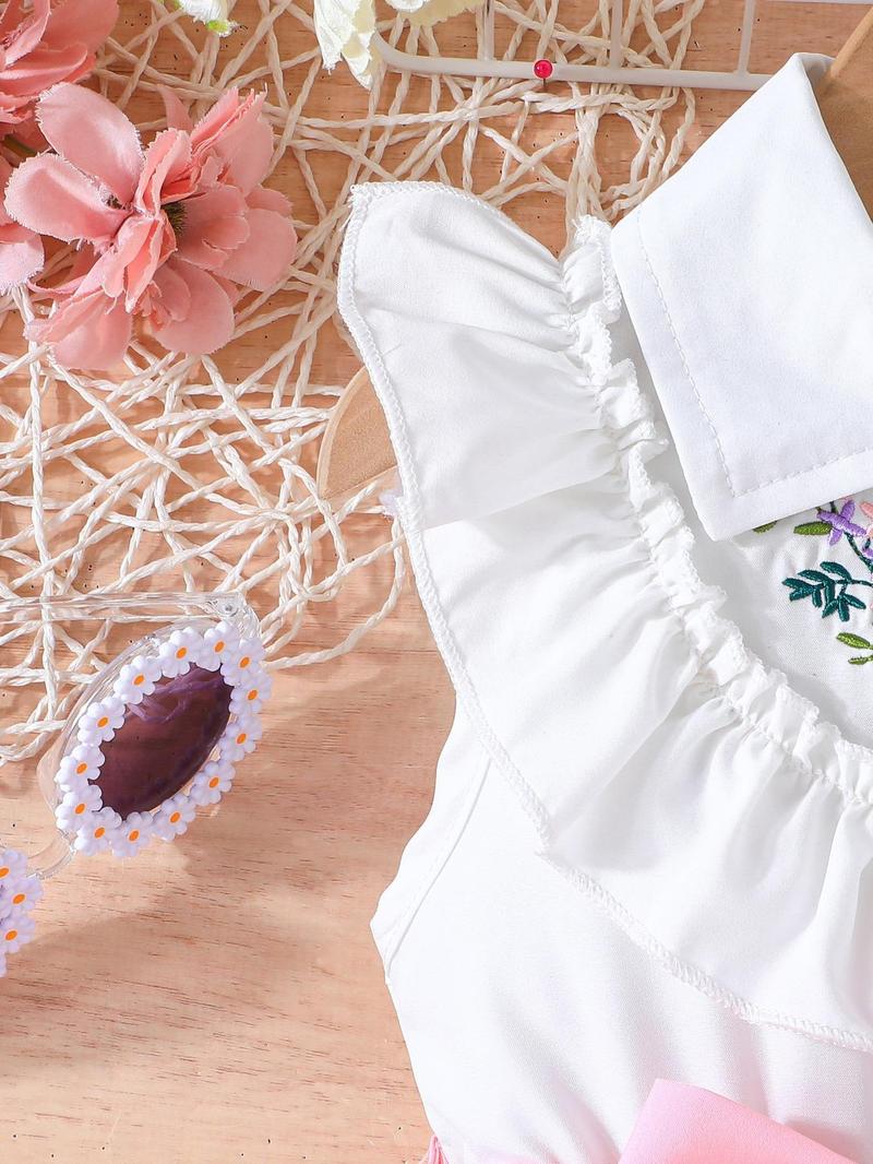 Product Introduction of Girl's Colorblock Floral Embroidery Belted Sweater Dress, Elegant Casual Leaf Print Short Sleeve Dress for Summer, Kids Clothes for Daily Wear 4