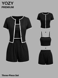 Three-piece Set YOZY Women's Colorblock Ribbed Crop Cami Top & Shorts & Short Sleeve Button Front Crop Outwear, Casual Fashion Cozy for Daily Outdoor Wear, Ladies Clothes for All Seasons