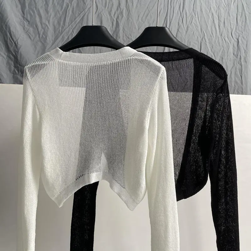 Áo Khoác Cardigan Dệt Kim Lụa Lạnh Mỏng Khăn Choàng Chống Nắng, Trang Phục Mùa Hè Cho Nữ, Phong Cách Hàn Quốc, Dáng Rộng Vừa Vặn, Áo Ngắn Màu Đen, Thời Trang 2