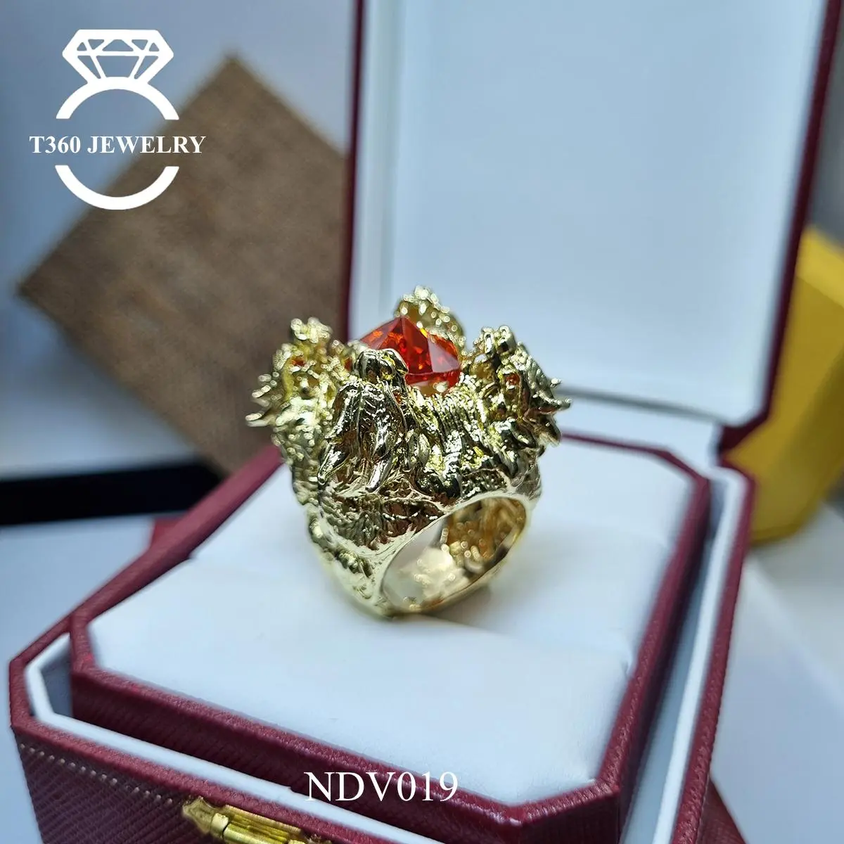 Nhẫn đồng hình tứ long tranh châu siêu to NDV019