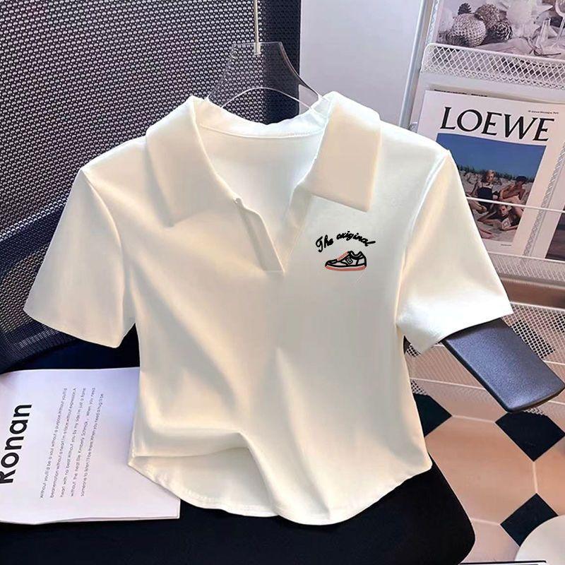 Product Introduction of [2281 Favorites] White Polo Collar Printed Short Sleeve T-Shirt for Women Summer Irregular V-Neck Pure Desire Style Sweet Hot Girl Short Top Womenswear Lingerie Comfort Casual Heart Love 16