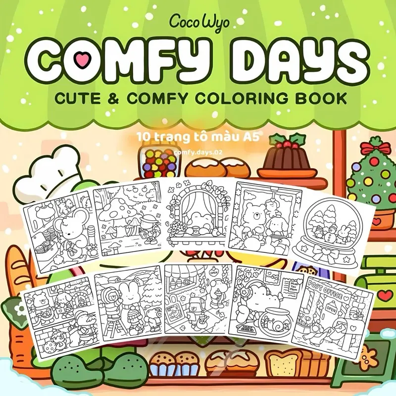 Bộ Tranh Tô Màu Chữa Lành, Thư Giãn Comfy Days Của Coco Wyo, Giấy Dày Đẹp 120/180gsm Phù Hợp Với Mọi Loại Bút 2