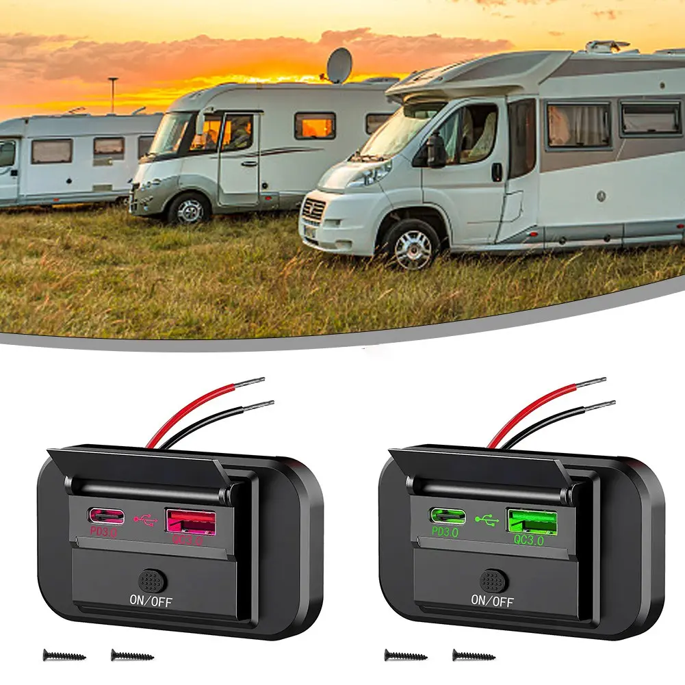 Bộ sạc ô tô, PD Loại C và cổng USB, Bộ sạc nhanh, Bộ sạc bảng điều khiển ổ cắm, DC12V-24V, Thích hợp cho xe, xe máy, thuyền, tàu và RV, 1pc