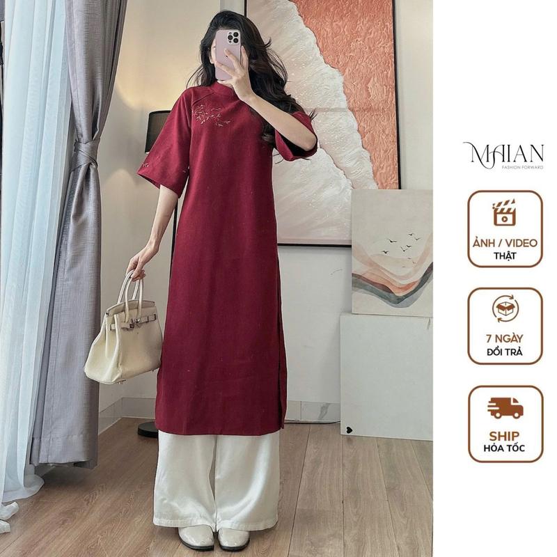  Set áo dài cách tân thêu hoa Maian áo cổ tàu tay lửng thêu hoa dáng suông chất nhung kèm quần lụa mềm mịn mặc tết S5297 