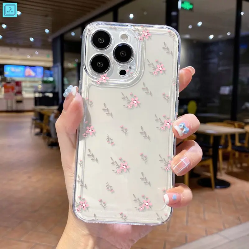 CASE SPACE BENING Softcase HP iPhone 11 12 13 14 PRO PROMAX XR  X XS XSMAX Iphone 7 8 SE2020 7plus 8plus 15promax Transparent High Quality INS-styleSmall Pink flowers for iCasing Ponsel 4