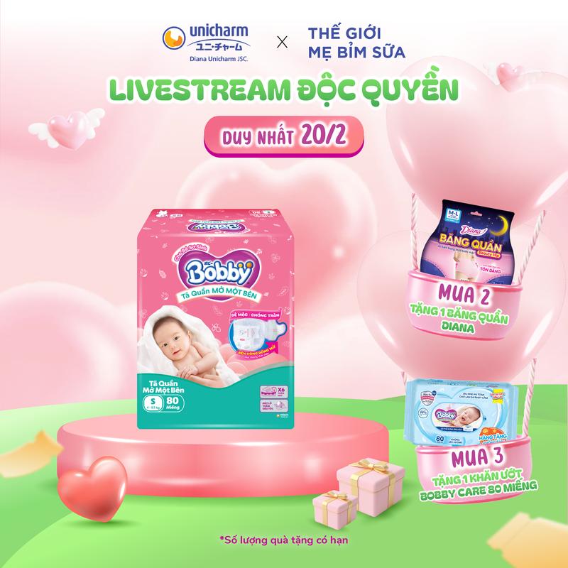   Thế giới mẹ bỉm sữa x DianaUnicharm  Tã bỉm quần Mở Một Bên Bobby - Tiện Lợi Dễ Mặc - Size NB 70+6 Miếng S 80 Miếng S-M 62 Miếng 