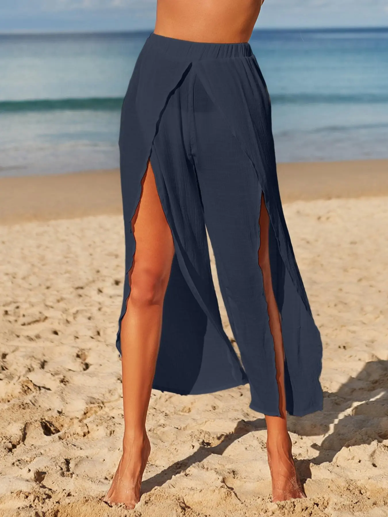 Women's Solid Sheer Elastic Waist Split Cover Up Pants, Casual High Waist Wrap Pants for Summer, Fashion Women's Swimwear for Beach Holiday Vacation