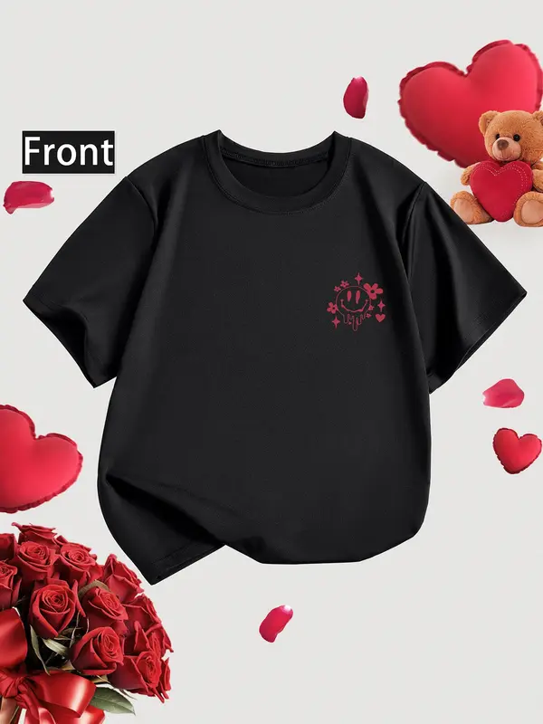 Toddler Girl's Cartoon & Letter Print Round Neck Tee, Fashion Casual Crew Neck Short Sleeve T-Shirt for Daily Outdoor Wear, Kids Clothing for All Seasons 1