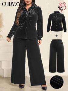CURVZY Plus Size Two-Piece Set Solid Button Front Ruched Top & Wide Leg Pants, Elegant Fashion Casual Collared Top & Trousers for Daily Outdoor Wear, Women's Two-piece Outfits for Spring & Fall