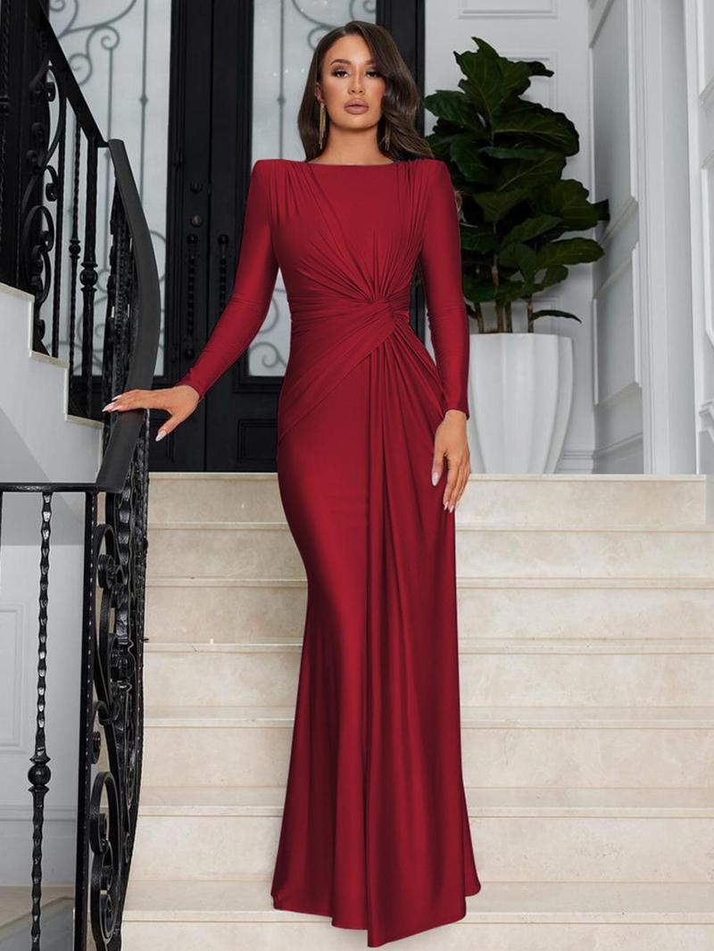 Product Introduction of Women's Plain Twist Boat Neck Dress, Elegant Long Sleeve Maxi Dress for Party Club Dating Wear, Women's Clothing for Spring & Fall 7