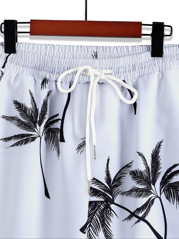 Two Counts Men's Coconut Tree Print Shirt & Pocket Drawstring Shorts Two-piece Set, Summer Clothes, Regular Fit Tropical Print Two-Piece Outfit, Summer Beach Vacation Clothes Set 3