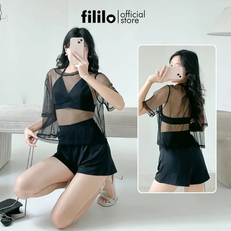 Set Bikini 3 Mảnh Kèm Áo Lưới Kín Đáo Đồ Bơi Đi Biển Cao Cấp Đen - FILILO