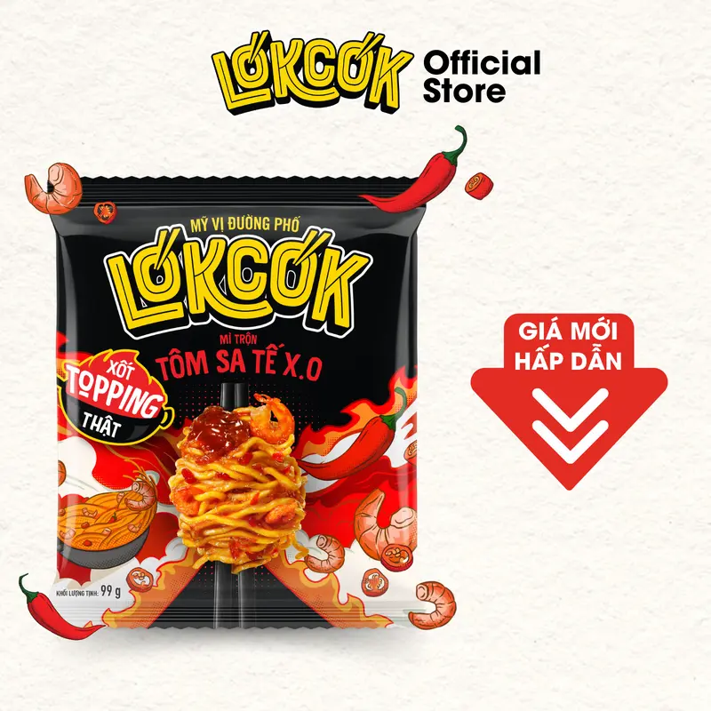 [Chính Hãng] Mì Trộn Tôm Sa Tế X.O Xốt Topping Thật LÓKCÓK (99 gram) Food Thức Ăn Cay 0