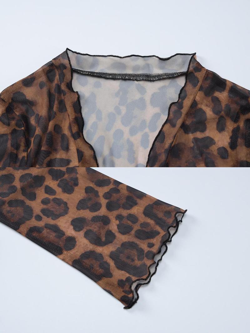 Product Introduction of Women's Leopard Print Lettuce Trim Sheer Tee, Casual Flounce Sleeve Tie Neck Tulle Top, Ladies Clothes for Beach Party Vacation Valentine's Day, gift, Womenswear 14